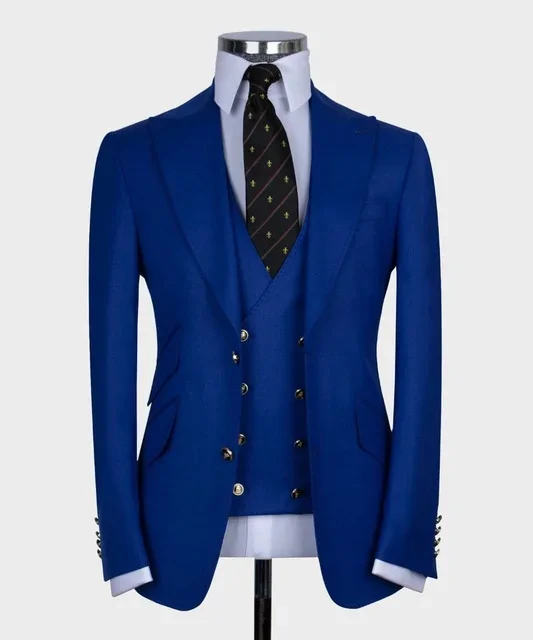 

Custom Royal Blue Men Formal Suits Double Breasted Slim Fit Business Blazer 3 Piece Groom Wedding Jacket Vest Pants High Quality