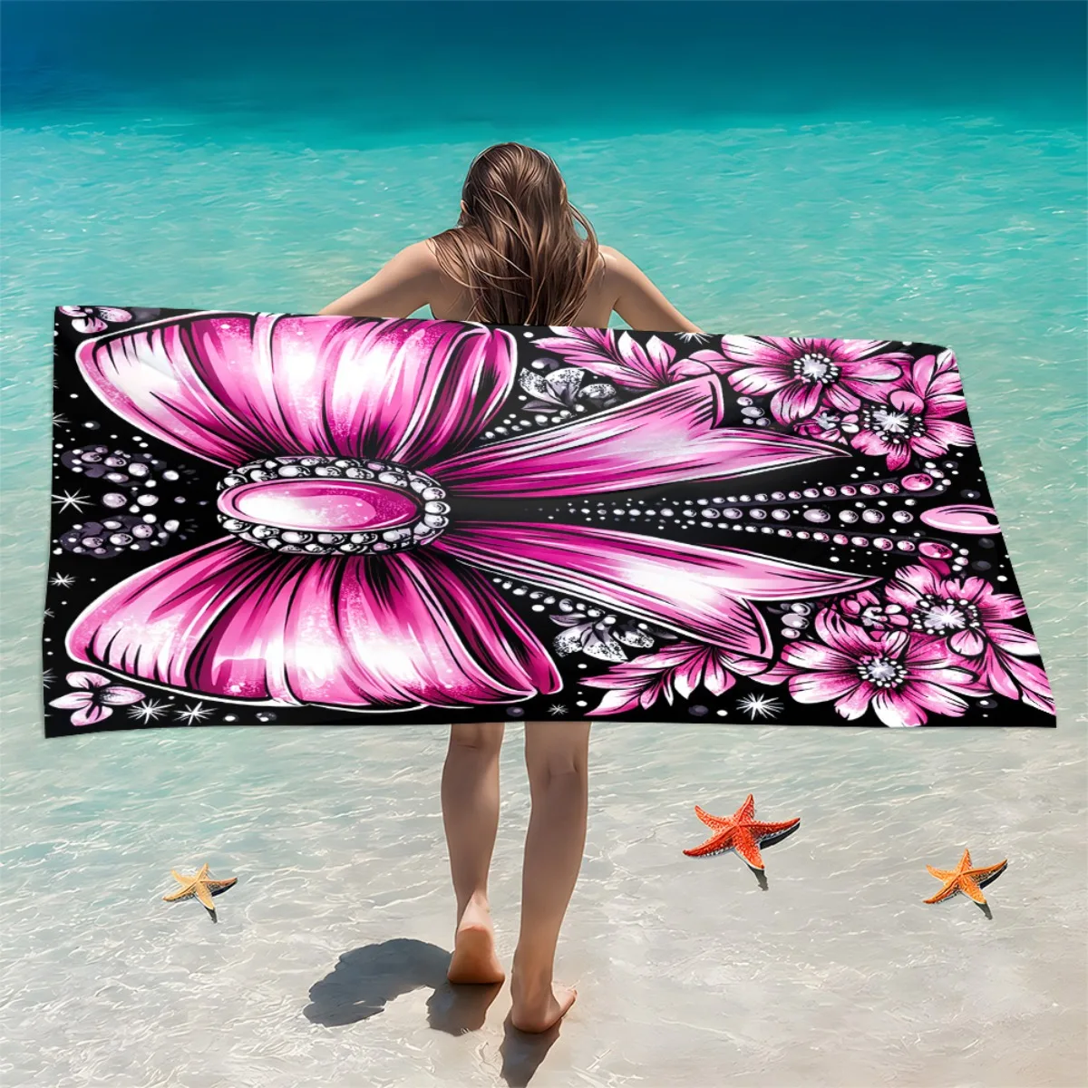 Pink bowknot design pattern polyester microfiber beach towel is highly absorbent, suitable for swimming and beach outings