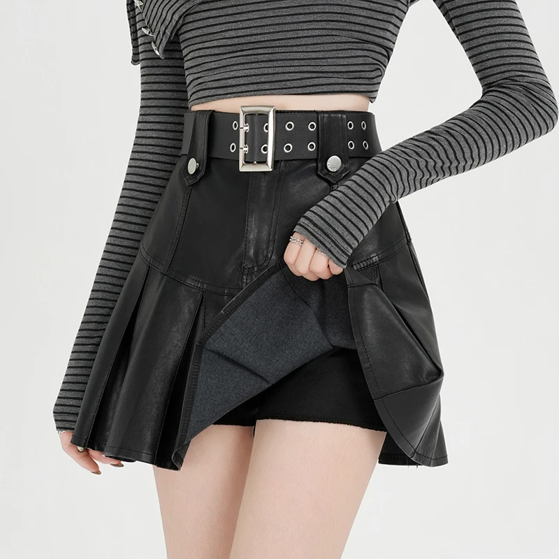 Black Faux Leather Pleated A-Line Mini Skirt, High Waist Slimming Short Skirt, 2026 Spring Fall New Hot Girl Chic & Versatile