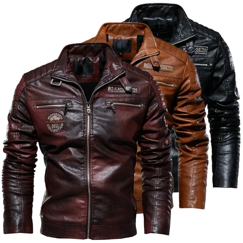

Men's Stand Collar Leather Jacket Winter Fleece Motorcycle Faux Leather Windbreaker Jacket Removable Fur Collar Slim Biker Coat