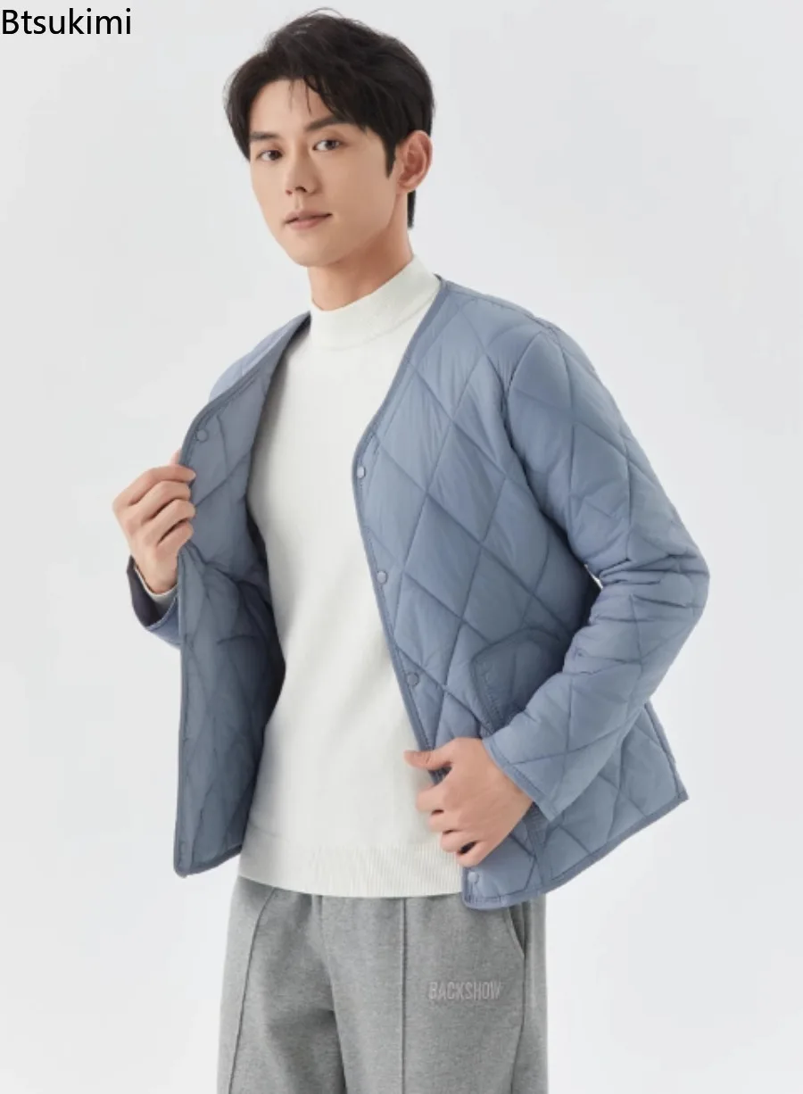 Men's Solid Color Argyle Casual Warm Padded Jacket Young Man Winter New Lightweight Single-breasted Padded Jacket with Pockets