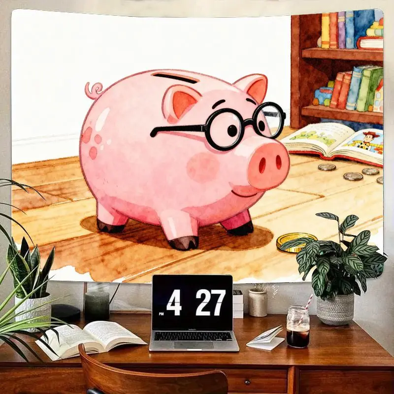 

1PC Cute Smart Piggy Bank with Glasses Tapestry, Pink Kawaii Wall Art for Kids Room, Bedroom & Study Decor, Money Saving Theme.