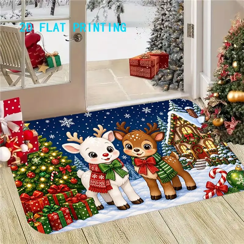 VIKAMA Christmas Deer Doormat Two Fawns in Night Sky Snowflakes Tree Candy Cane Welcome Mat Entryway Rug Xmas Decor