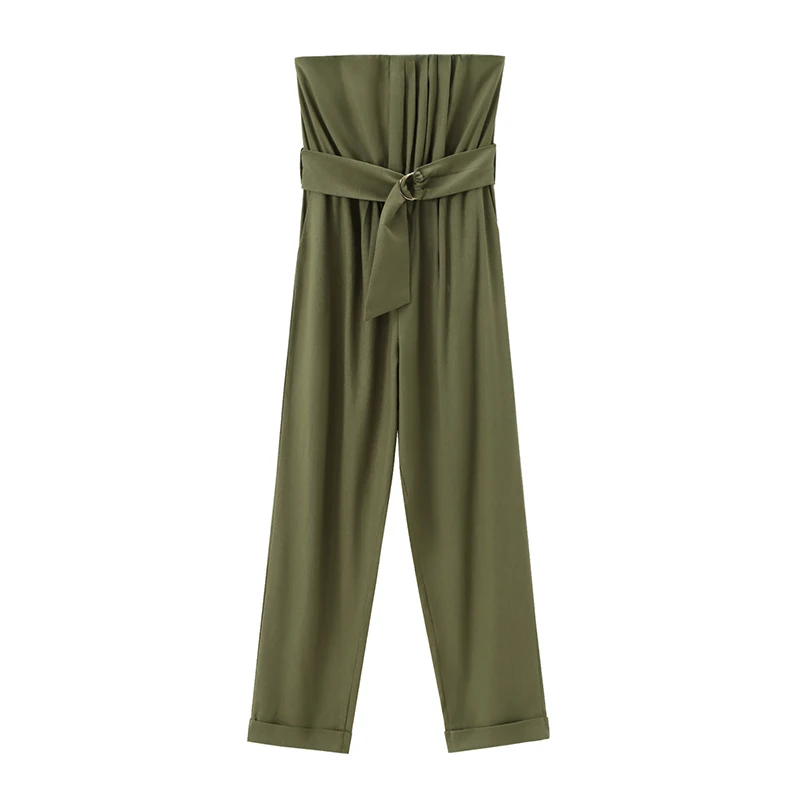 YENKYE Summer Women Army Green With Belt Strapless Jumpsuit Sexy Backless Zipper Chic Lady Rompers Female Street Long Overalls