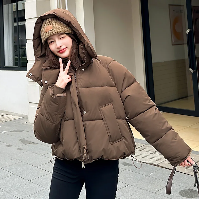 Women Parkas Coat Hooded Short Jacket Solid Zipper Pocket Drawstring Long Sleeve Thick Loose Fit Office Lady Casual 2025 Winter