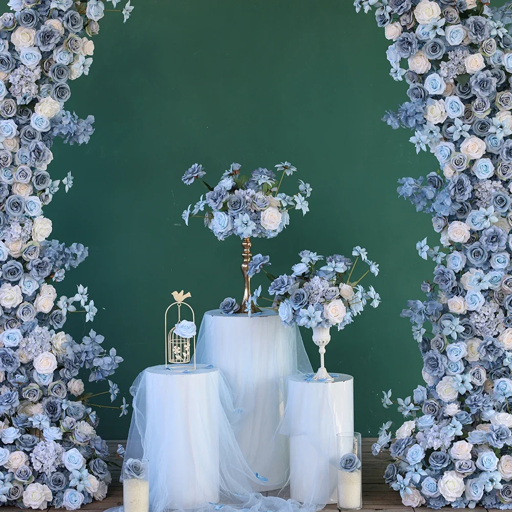 Table Centerpiece Blue White Series Artificial Rose Hydrangea Horn Arch Floral Arrangement for Wedding Event Backdrop Decor