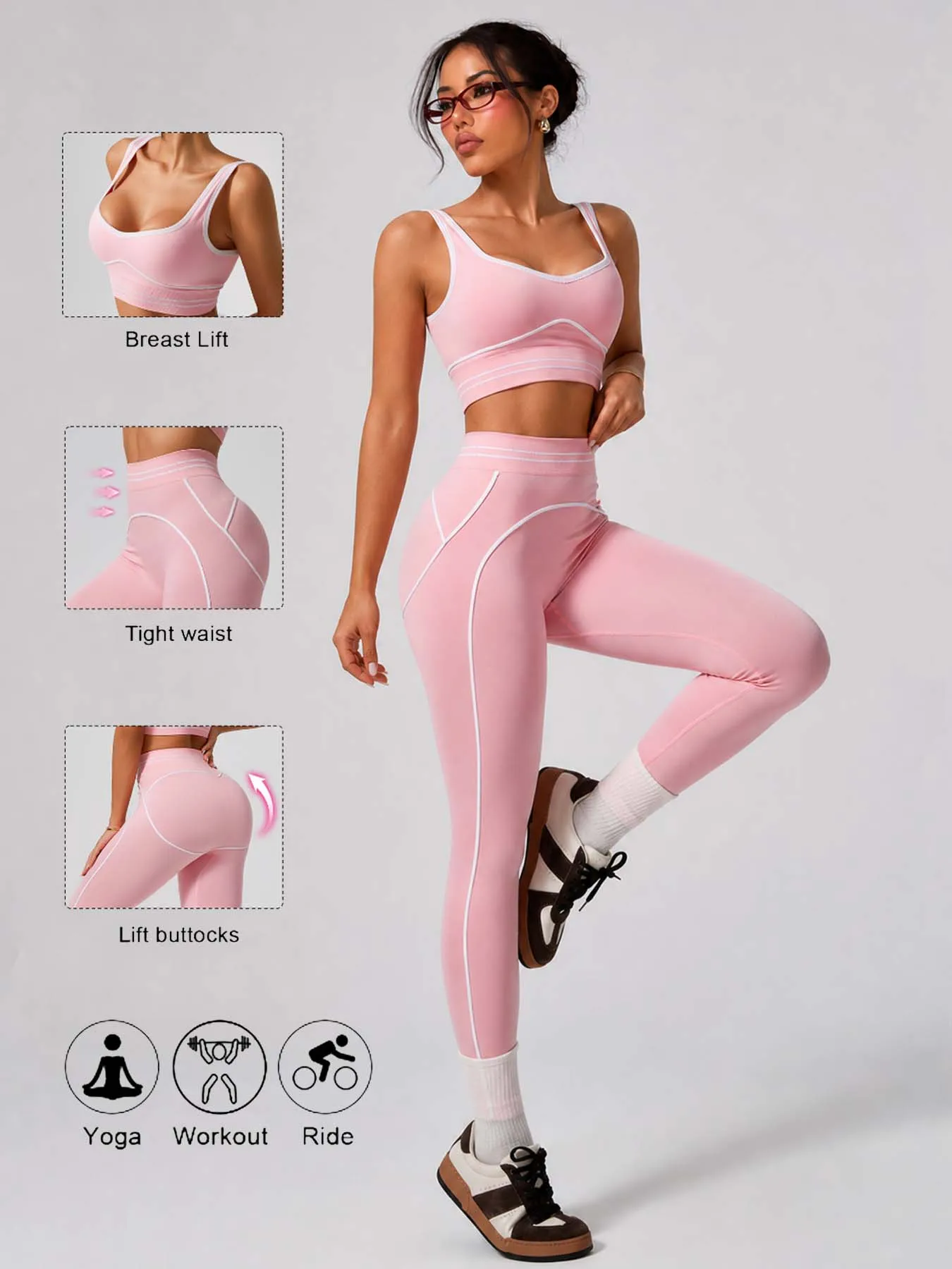 Women Contrast White Line 2 Piece Yoga Outfit U Neck Sports Bra Crop Top High Waist Seamless Leggings Gym Running Fitness Workou
