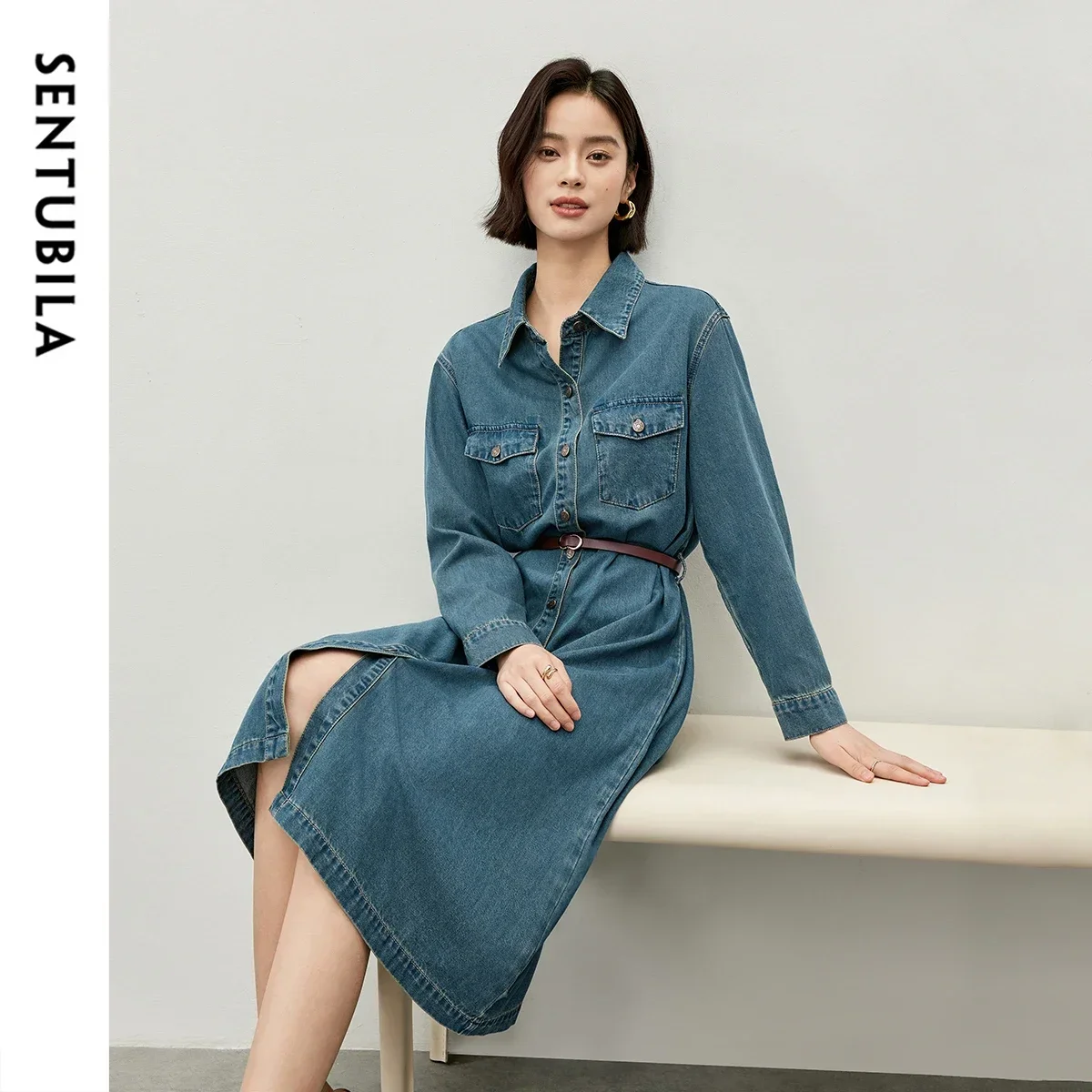 SENTUBILA femmes Vintage Denim chemise robe 2025 printemps automne simple boutonnage longue a-ligne Jean robes dames vêtements W43L57317