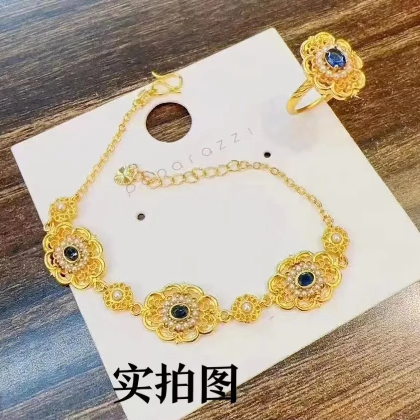 

Women's 24K Gold Sapphire Bracelet | Sapphire - flower design, pearl centers, cloud - engraved chain, delicate & romantic