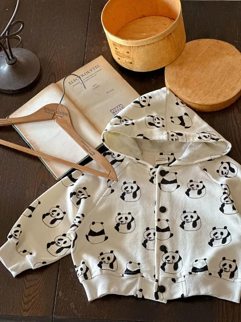 1-6Y Kid Boys Girls Beige Single Breasted Spring Cotton Coat 2025 New Baby Panda Print Hooded Jacket Children's Sports Top