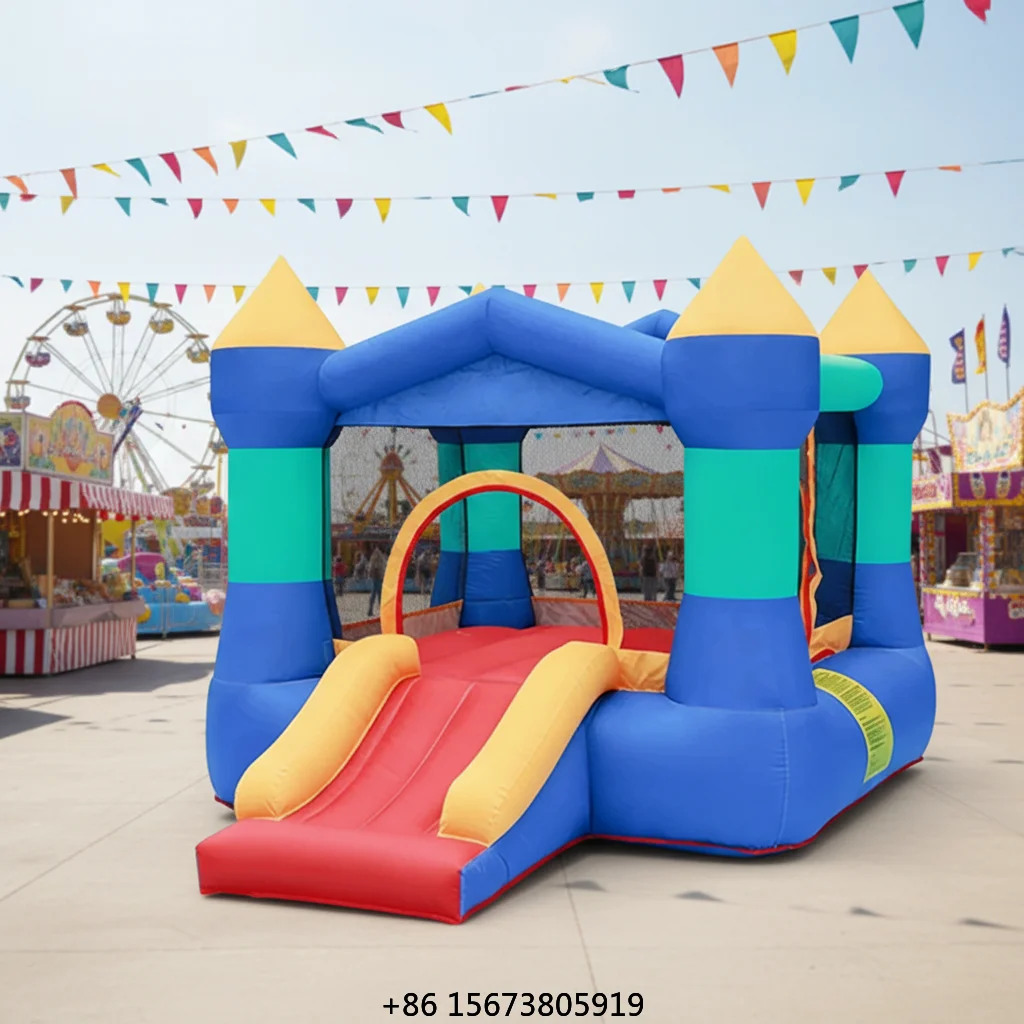Small Inflatable Castle for Home Use Oxford Fabric Bouncer with Water Slide and Trampoline Kids Play Center