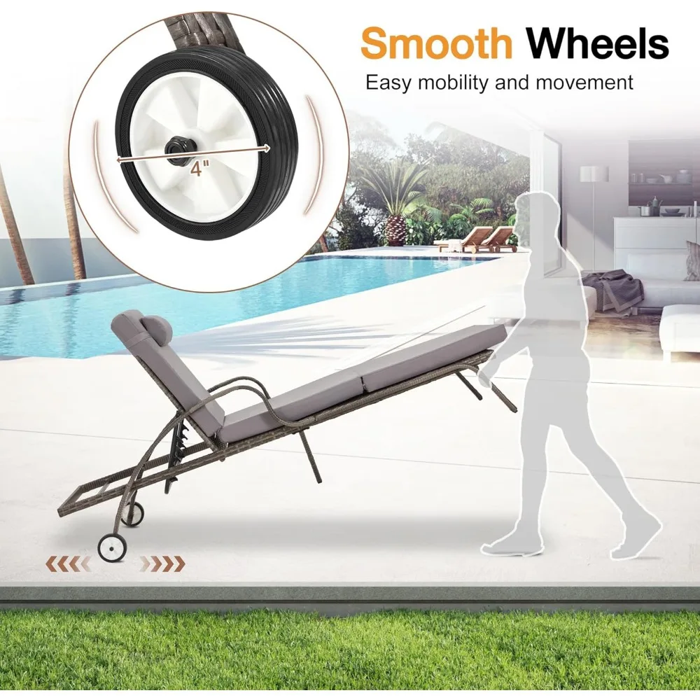 طقم صالة ويكر تشيس مكون من قطعتين، كرسي صالة حمام السباحة مع طاولة جانبية، كرسي استرخاء للاستلقاء في الهواء الطلق مع عجلات 5 مستويات قابلة للتعديل