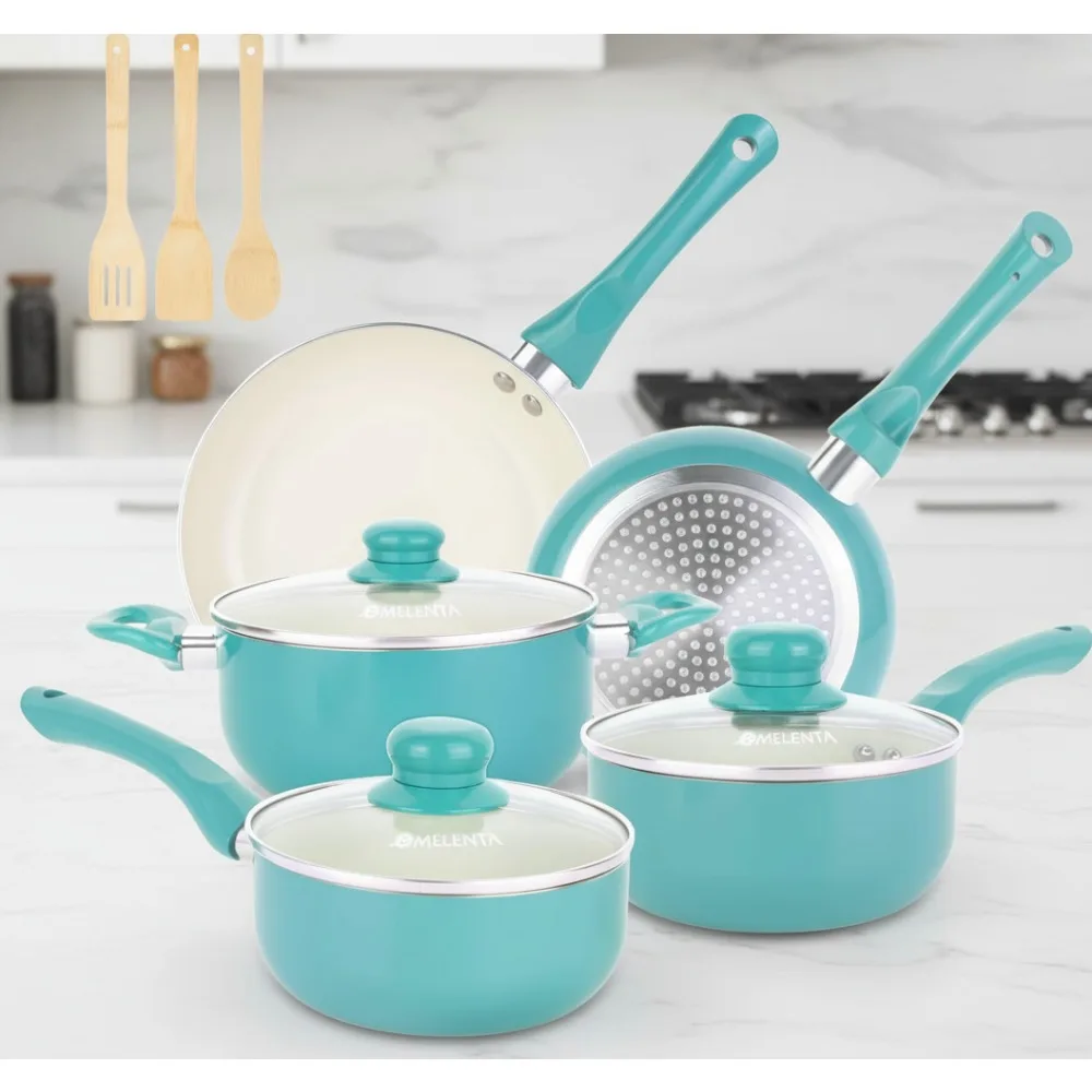 

11-Piece Ceramic Nonstick Cookware Set, Induction Compatible Pots & Pans with Bamboo Utensils, Stay Cool Handles, Turquoise