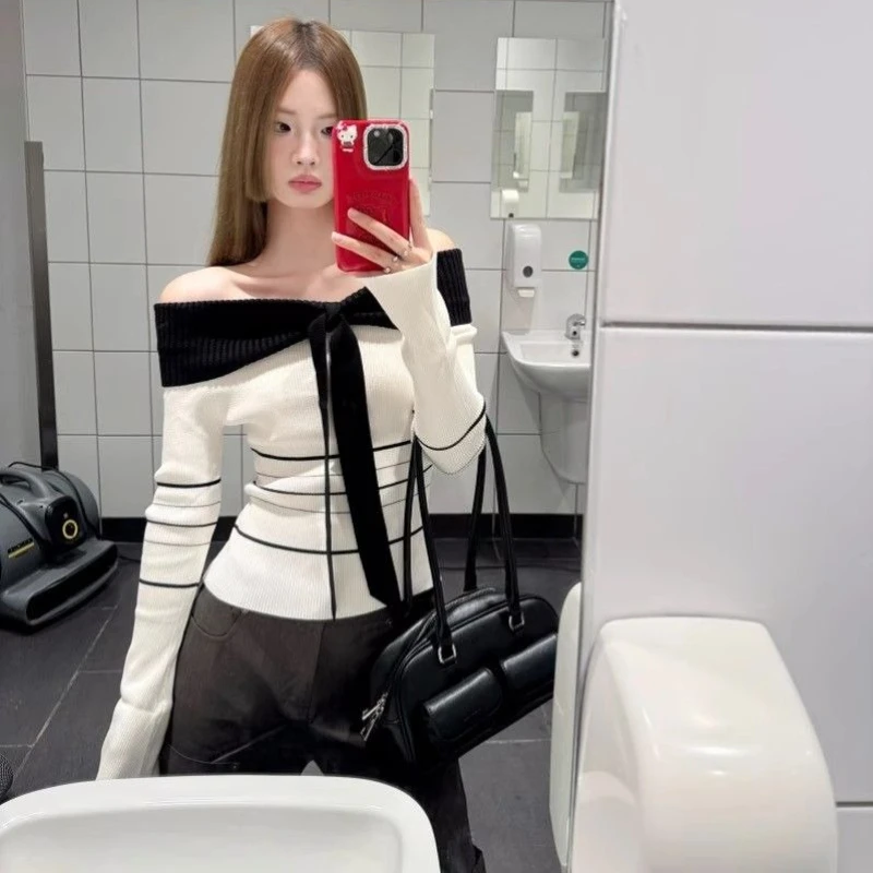 

Contrast Color Striped Off Shoulder Women Sweater Elegant Slash Neck Lace Up Korean Fashion Knit Pullovers Slim Preppy