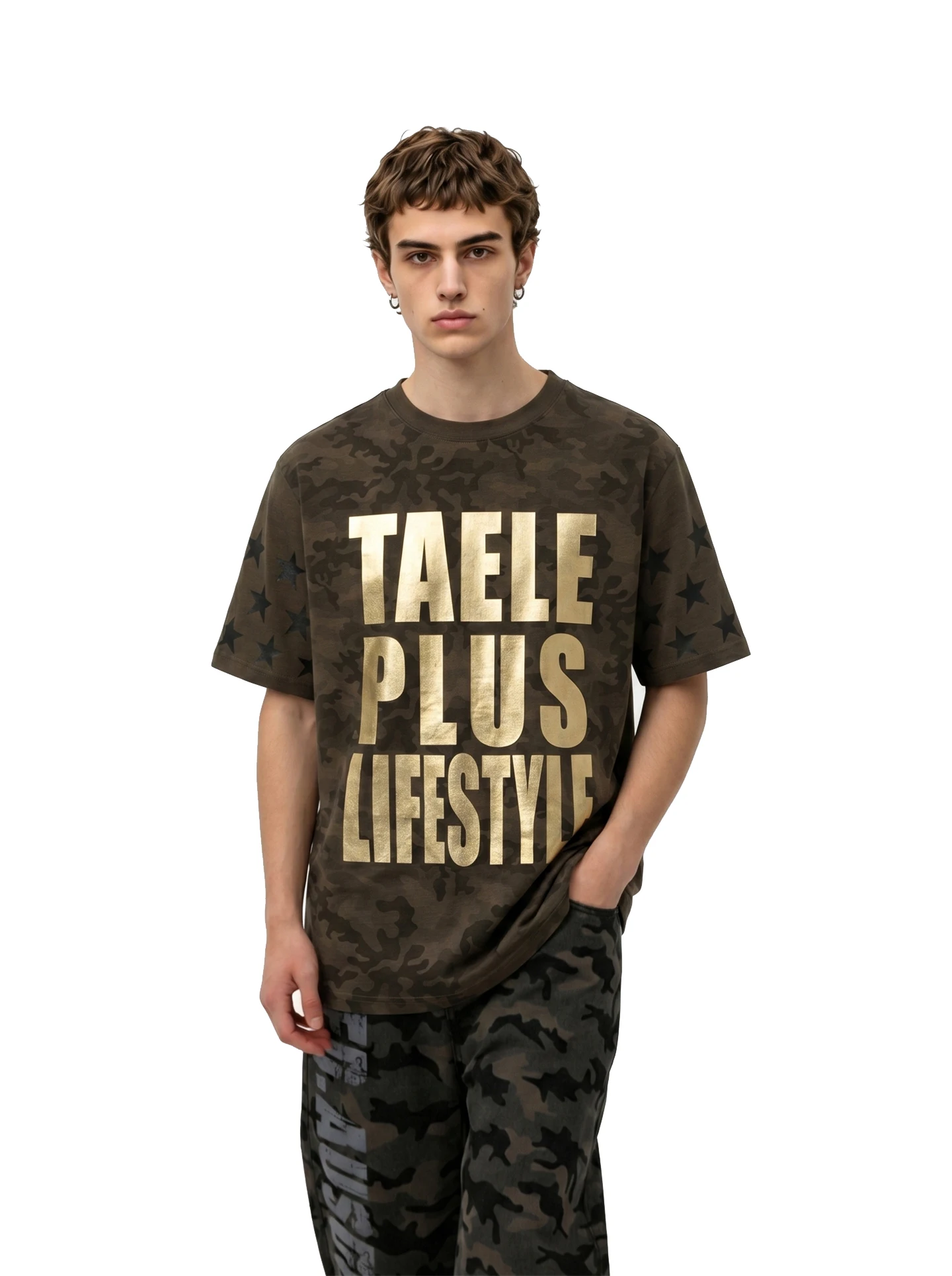 BETEBULE American High Street Gold Stamp Print Camouflage Short Sleeve Loose Men's T-shirt Summer Trend Streetwear Top