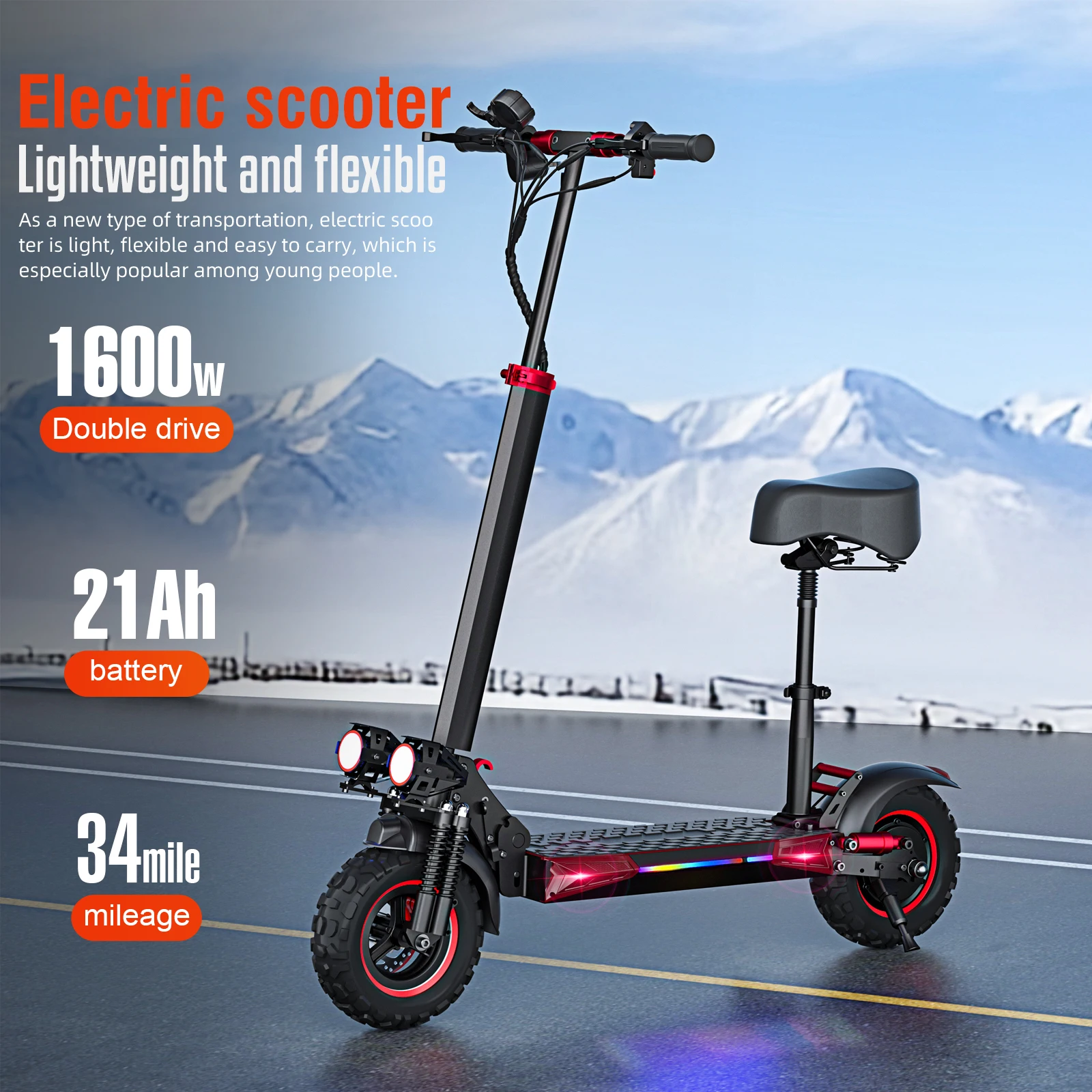

J11PIUS Adult Electric Scooter with Seat 11' Off-Road Tires 48V 21Ah Battery 37 Miles Range Folding E-Scooter 1200W Model