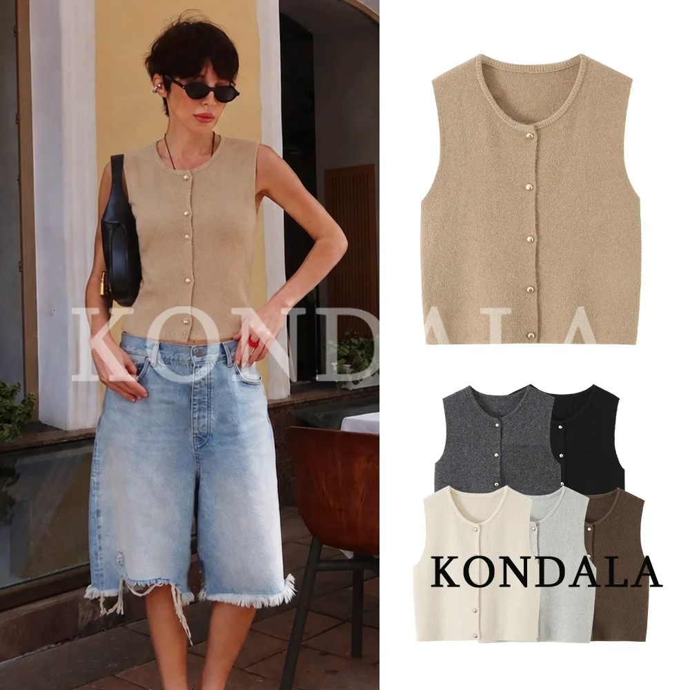 KONDALA Women Minimalist Casual Vest Cardigan Elegant O-Neck Buttons Sleeveless Tops 2026 Autumn Trendy Commute Versatile Vest