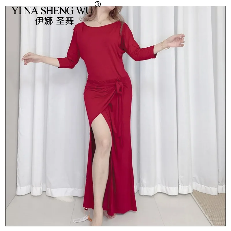 tenue-d'entrainement-de-danse-du-ventre-pour-femmes-robe-en-modal-bordeaux-avec-cravate-a-la-taille-vente-en-gros-pour-danseuses-vetements-d'entrainement-de-danse