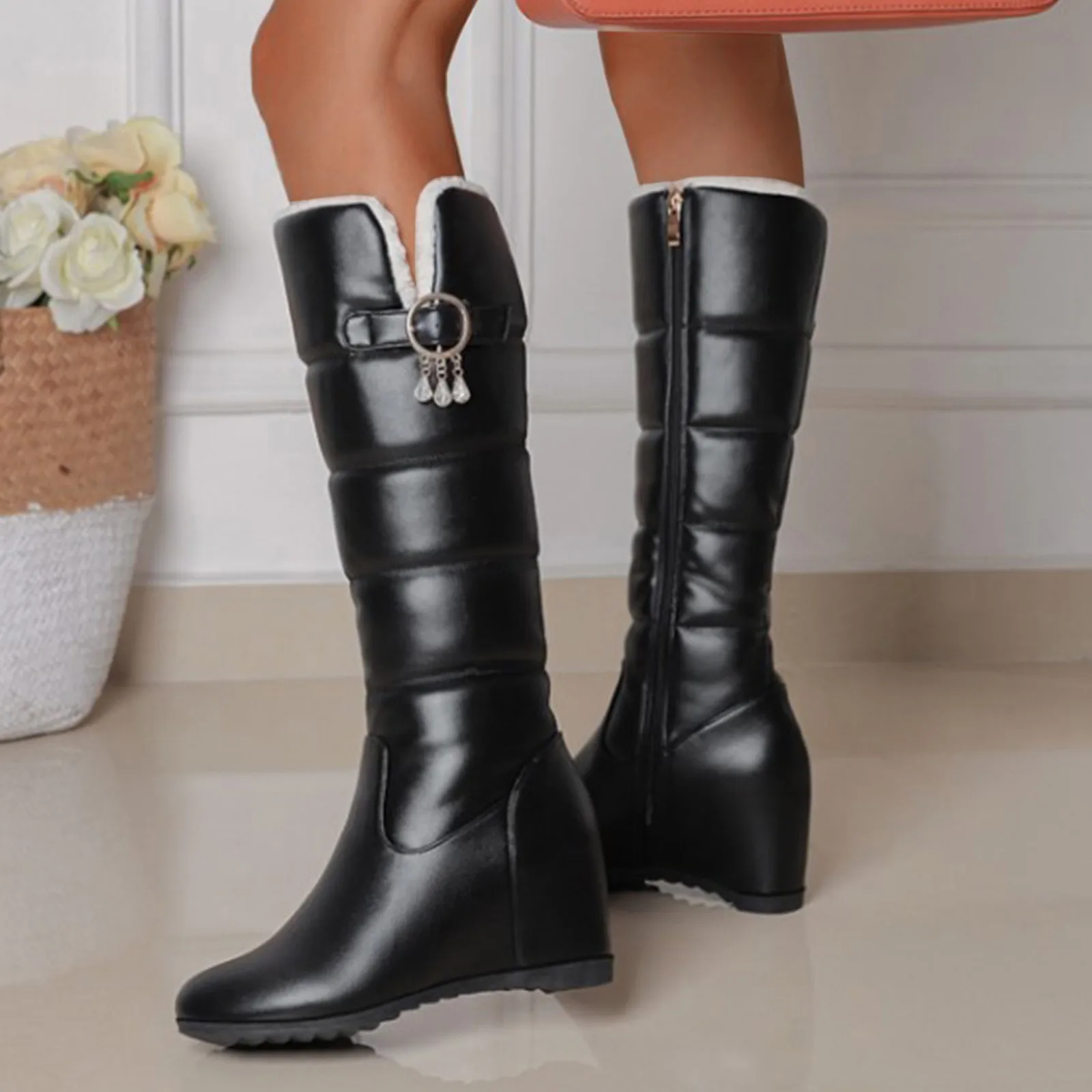 2023 Women Winter Warm Knee High Boots Platform Height Increasing Ladies Snow Boots PU Leather Side Zipper Round Toe Women Boots