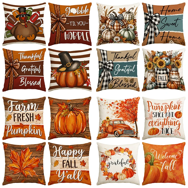 4pcs Thanksgiving Retro Truck Sunflower Maple Leaf Pumpkin Pattern Pillow Cover Autumn Sofa Cushion Cover (No Pillow Core)