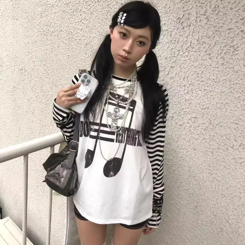 Y2k Striped Musical Note Print Patchwork Long Sleeve T-shirt Women Vintage Crew Neck Slim Tops Punk Grunge Casual Tees