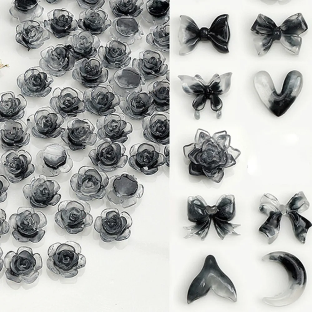 30PCS Retro Irregular Black Ink Dyeing Clear 3D Flowers Crescent Bow Butterfly Nail Art Rhinestones Decorations Manicure Charms