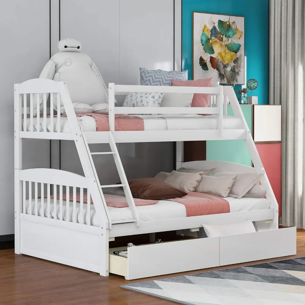 Solid Wood Twin Over Full Bunk Bed with Two Storage Drawer, Removable Ladder and Safety Guardrail for Kids, Teens, Adults