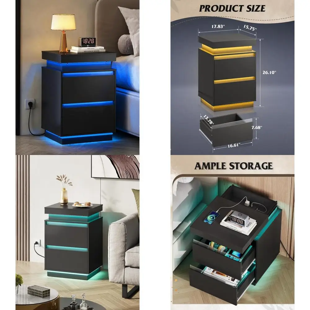 

Современная зарядная станция со светодиодной подсветкой, прикроватная тумбочка с 2 деревянными ящиками, выдвижной столешницей и прикроватной тумбочкой для современного домашнего декора