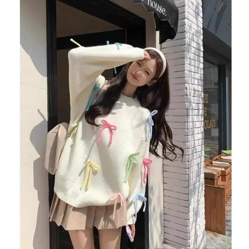 

Loose Knitted Top Sweet Anti-Aging Autumn Winter Outerwear Fashionable Vest Pink Bow Knot Lazy Style Women's Sweater