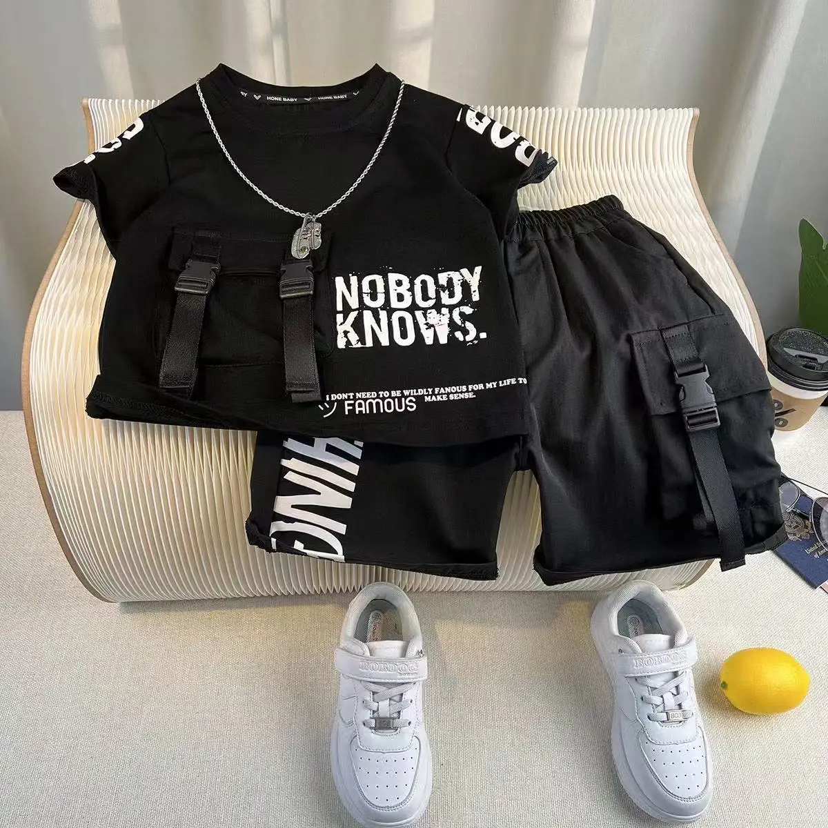 Fashion Boys Backpack Buckle Letter Short Sleeve Pocket Pullover T-Shirt Short 2pcs Summer Boutique Clothes Kids Sport Outfits