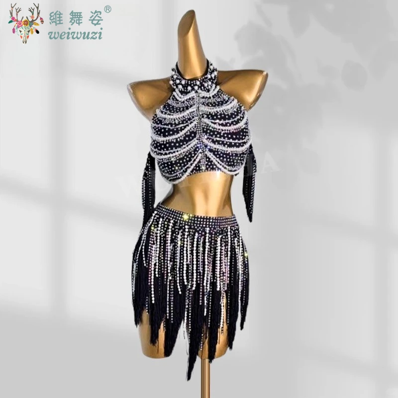 Latin Dance Competition Costumes Exquisite Pearl Top+tassel Short Skirt 2pcs Women's Tango Samba Rumba Performance Clothing