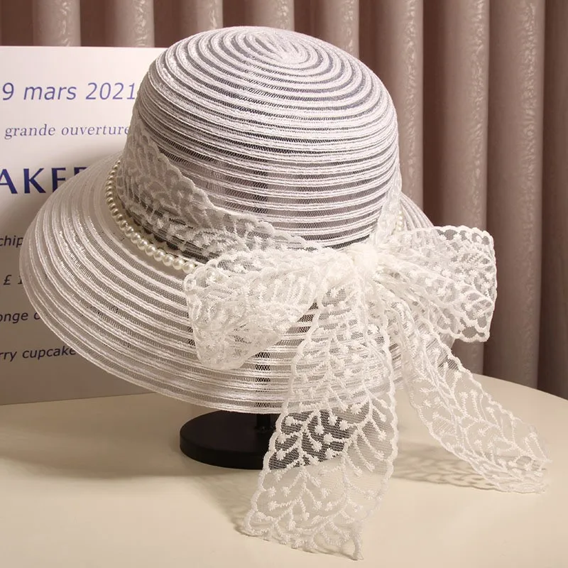 Hepburn style elegant lace hat for women's summer outings sunshade fisherman foldable basin