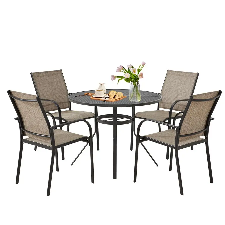 5 Piece Patio Table and Chair Set for 4, Outdoor Dining Set Includes 37.25 Round Table with 1.73 Umbrella Hole and 4 Stackable