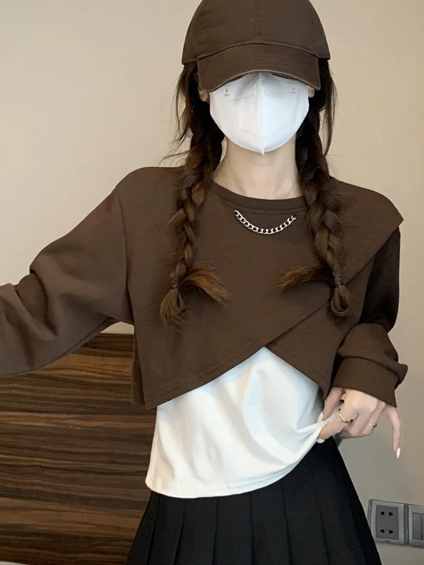 

Short Sleeveless Hoodie Women's Fashionable Spring Autumn Two-Piece Set Long Sleeve Top for Students Comfortable Breathable