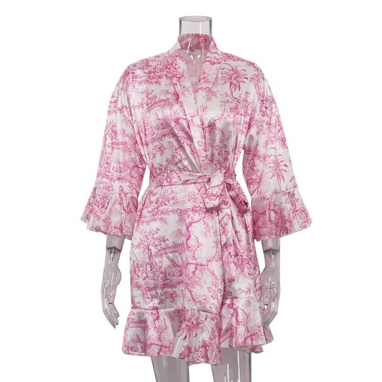 

Платье Robe Maje, повседневное свободное женское платье с принтом, модное мини-платье 2024 года с V-образным вырезом и длинными рукавами, элегантное женское платье с плиссировкой и шнуровкой