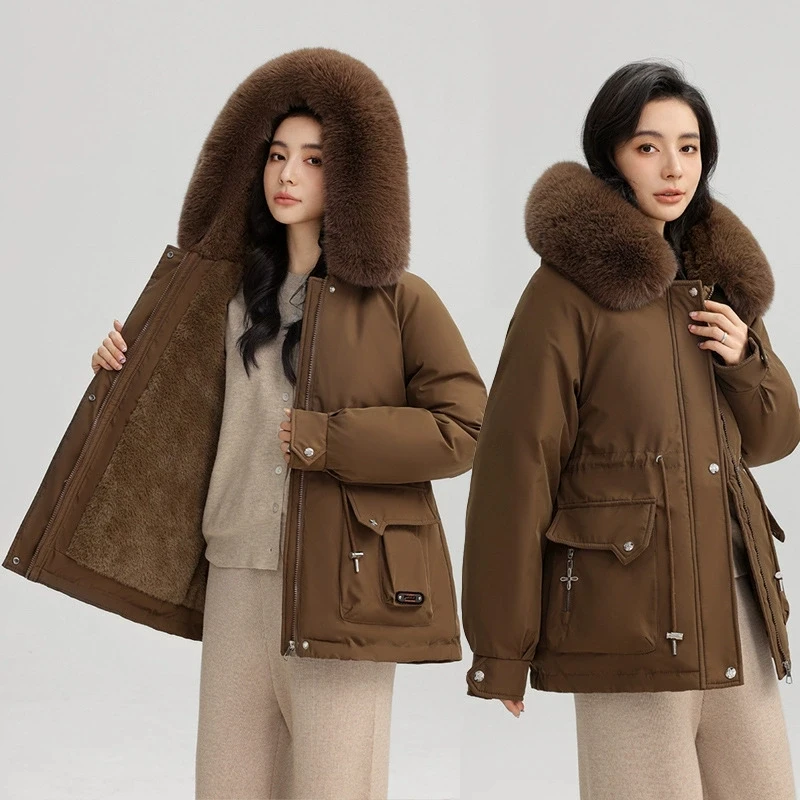 

2025 Winter New Warm Down Cotton Jacket with Large Fur Collar Hooded Coat Loose Women Thicken Parker Puffer Overcoat Casual Wear