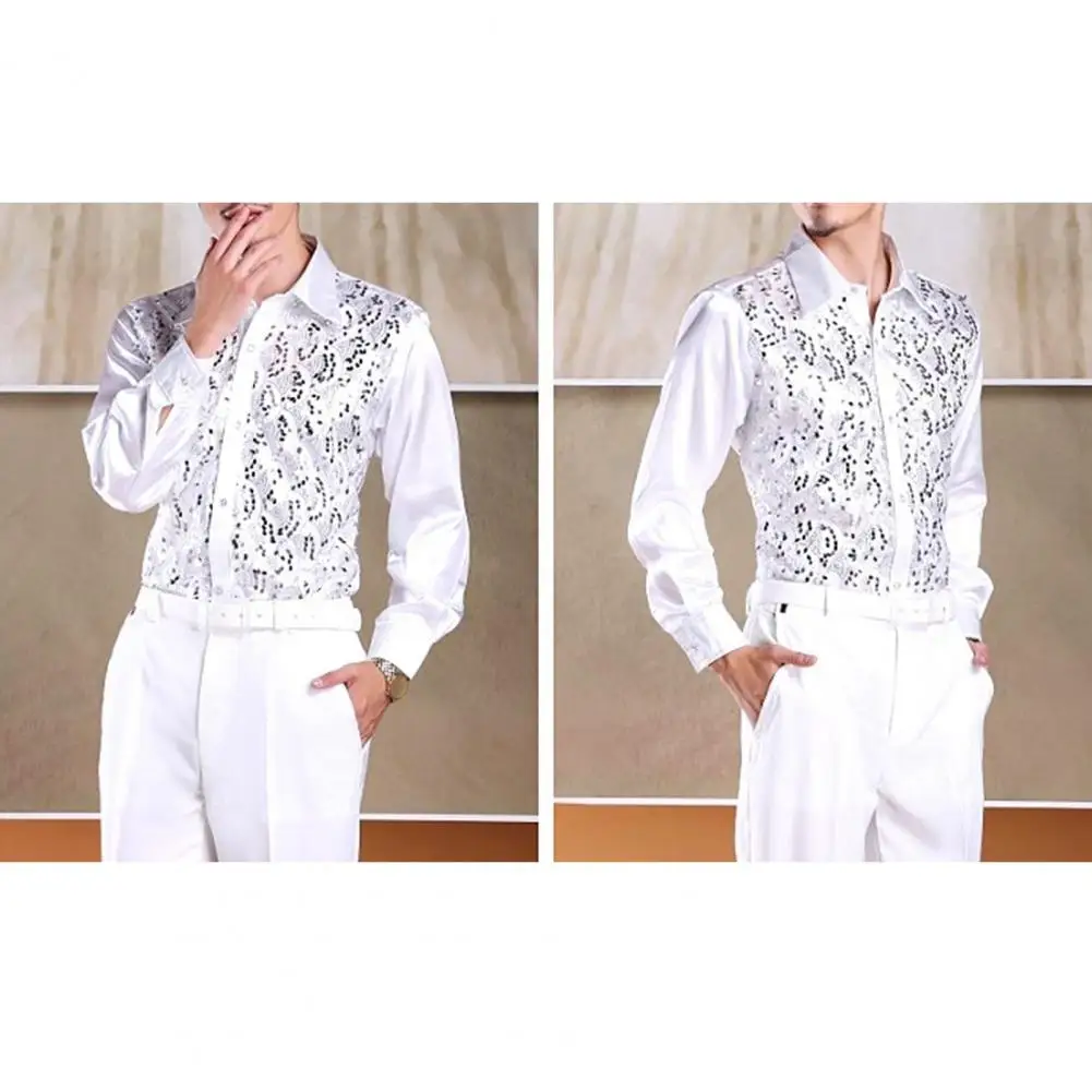 Men Long Sleeve Shirt Men's Luxury Sequins Performance Shirt for Wedding Stage Formal Events Casual Wear Long Sleeve Slim Fit