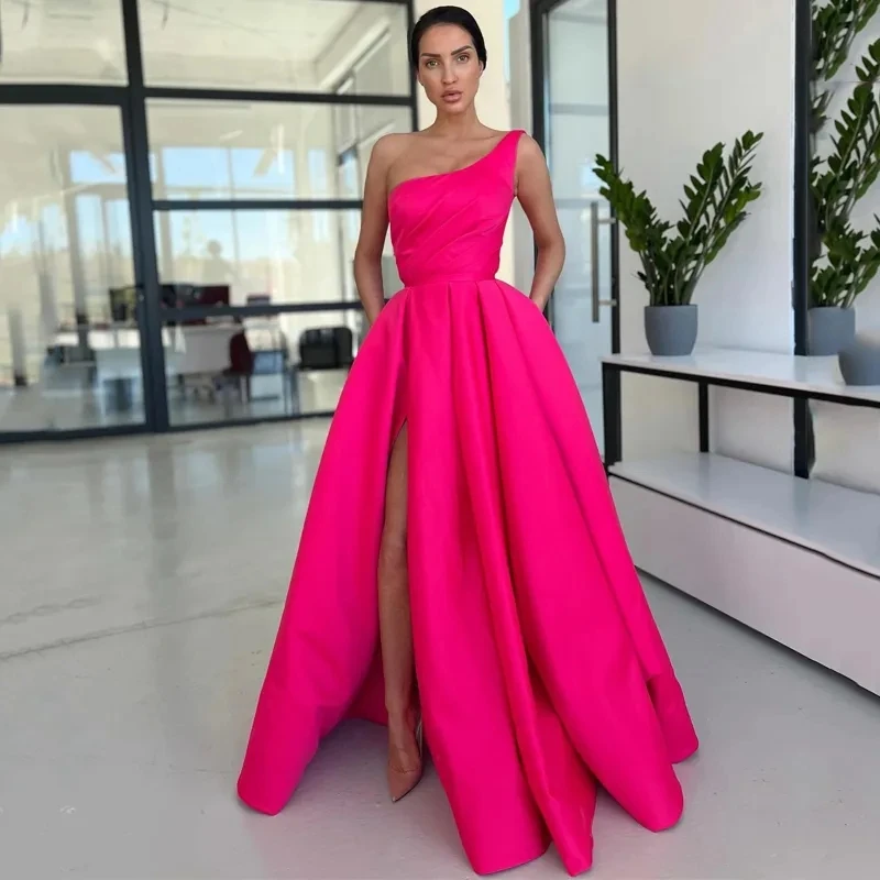 

Fushcia Saudi Arabia Long Prom Dresses Split 2023 Pleats One Shoulder Pockets Formal Evening Party Gowns Couture Floor Length