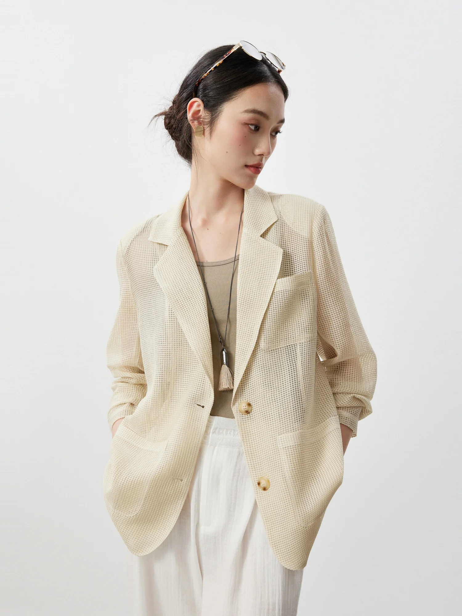Elegant Hollow out Tuxedo Jacket Women's Straight Cut Long Sleeve Regular Length Fashionable Mesh Design for Daily Wear