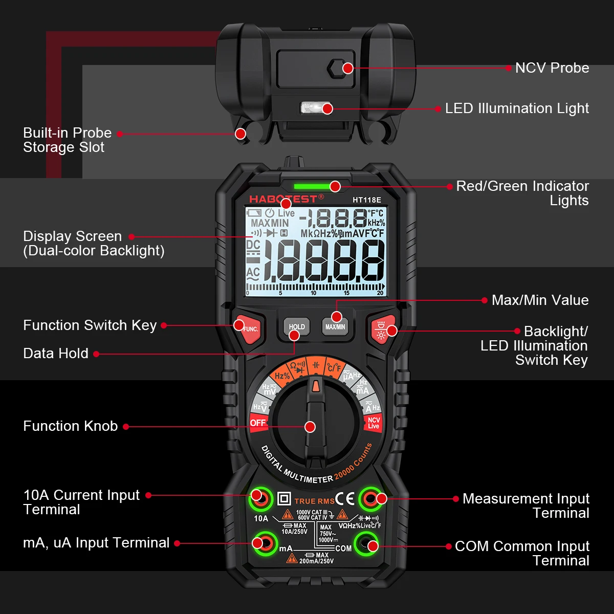 HABOTEST HT118 Digital Multimeter Ture RMS Auto Range NCV Hz 1000V AC/DC 6000 Counts Professional High Precise Multimetro Tester