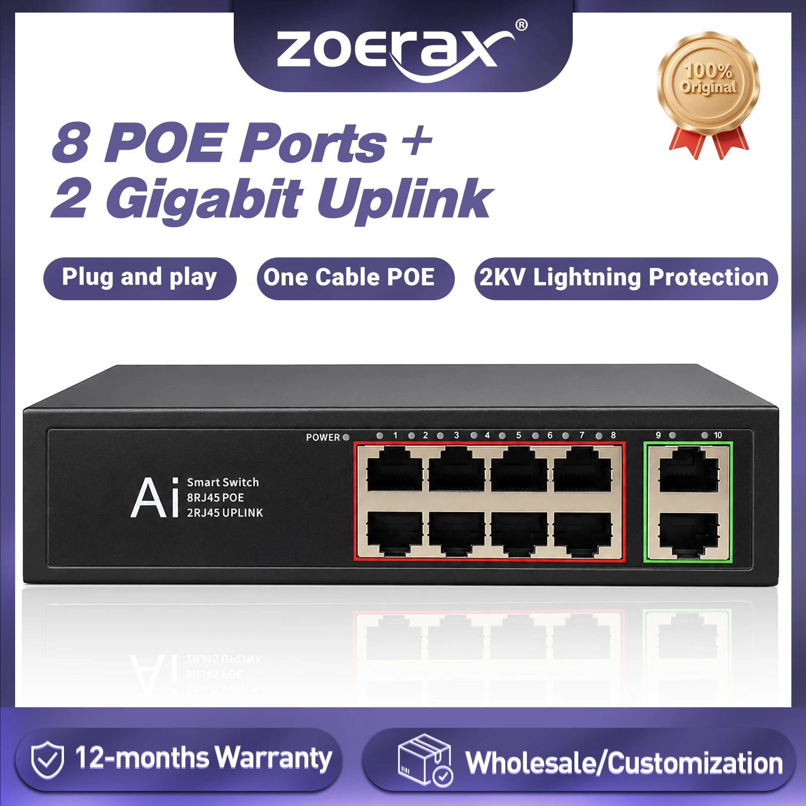 ZoeRax 8-Port POE Switch with Gigabit 2 Uplink One Cable POE Plug and Play 2KV Lightning Protection 802.3 AF/AT for IP Camera