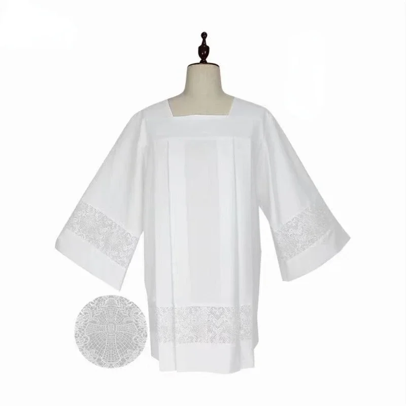 White Square Neckline Surplice Catholic Church Clergy Priest Costume Chasuble Pleated Lace Liturgical Alb Cottas Vestment