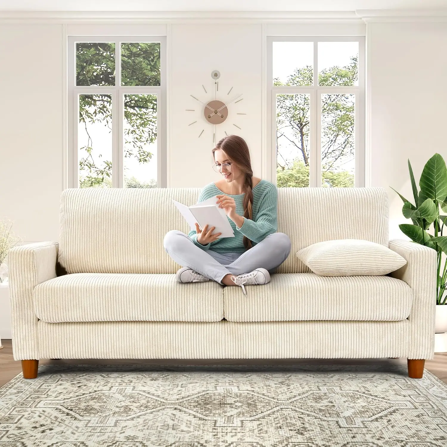 

70in Beige White Sofa, Couches for Living Room 21in Extra Deep Seats, Comfy Corduroy Sofas for Living Room No Tool Assembly