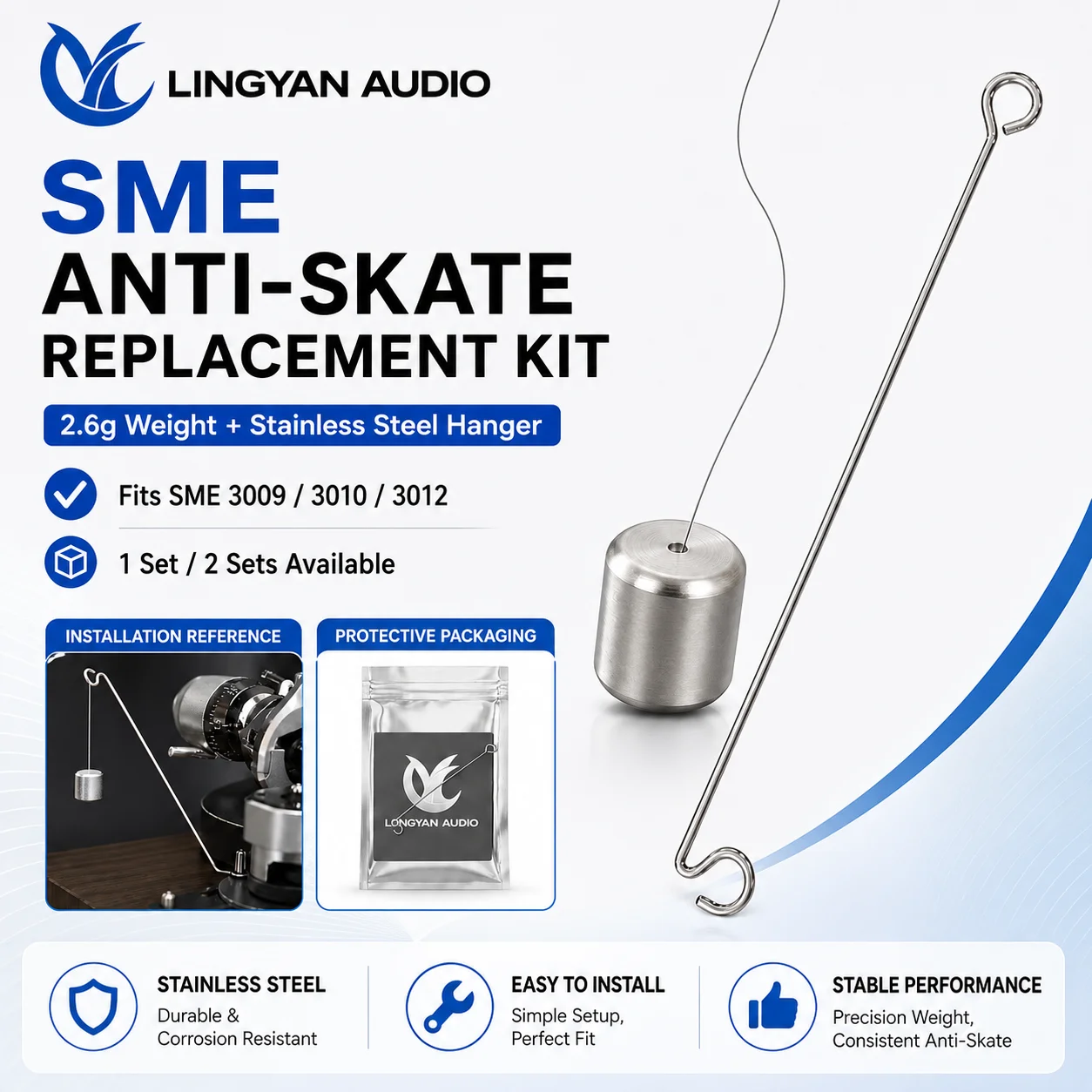 SME Tonearm Anti-Skating Counterweight Set 2.6g with Stainless Steel Hanger for 3009 3010 3012 Turntable Repair