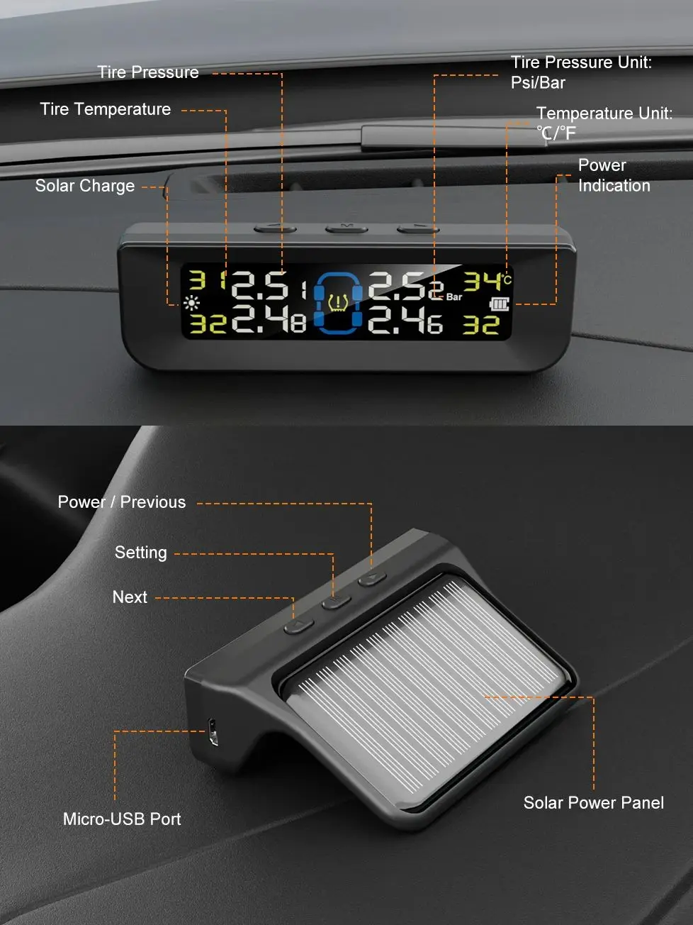 Wireless Solar-Powered Tire Pressure Monitoring System with Built-in Air Pressure and Temperature Detection