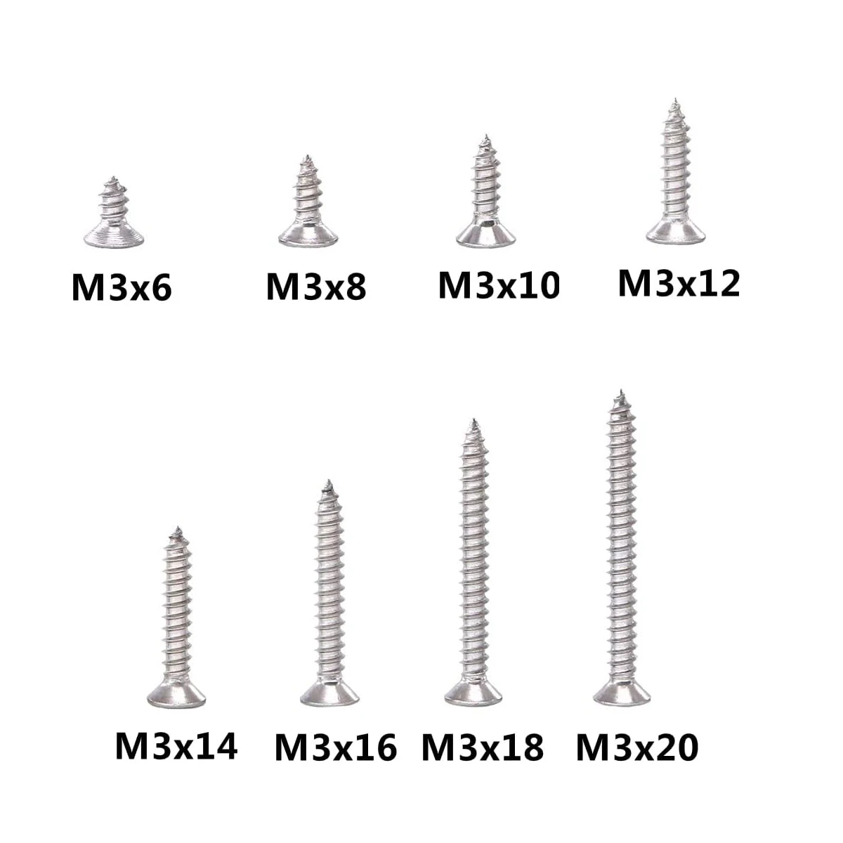 200pcs 304 Stainless SteelCountersunk Flat Head Tapping Screws with Cross recessed M3 Screws Philips Screw