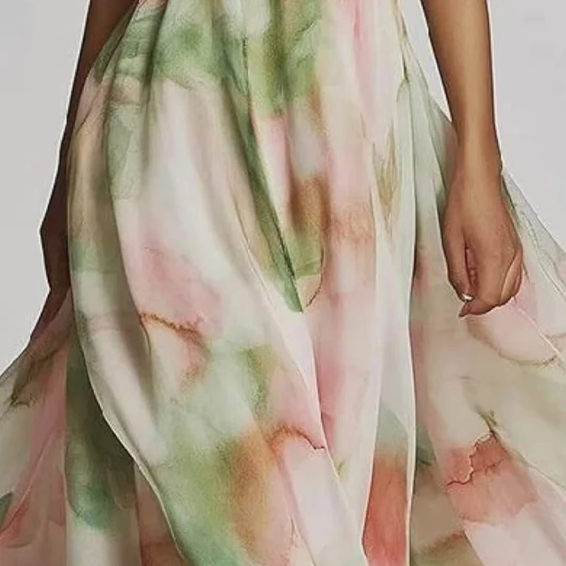 Letnia sukienka maxi w stylu boho, linia A, odkryte plecy, seksowna, z ukośnymi ramionami, ażurowa, asymetryczna, damska sukienka wakacyjna z nadrukiem, z zakładkami, z wysokim stanem.
