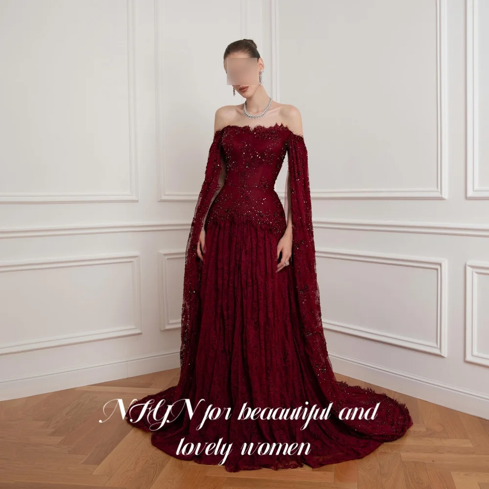 NFYN Exquisite Burgundy Off Shoulder Evening Dress Beaded Prom Gown Lace Cape Sleeve Long Train A Line Party Dresses Customized