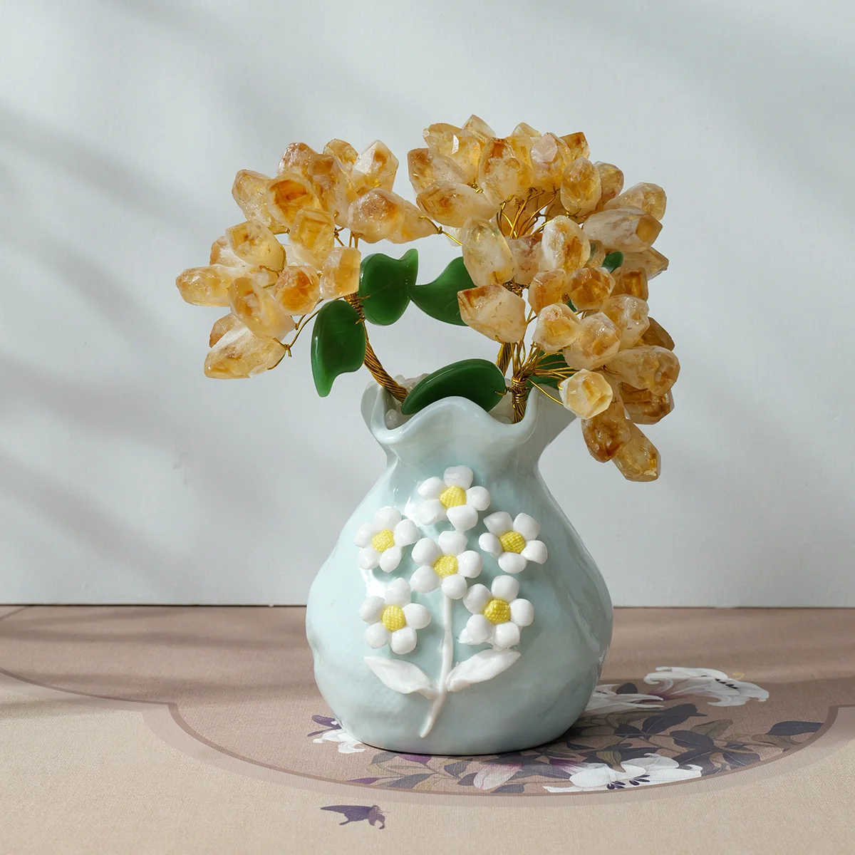 Natural Citrine Crystal Flower Tree Bonsai Blue Vase Handmade Gemstone Ornament Home Decoration Lucky Feng Shui Gift Wholesale