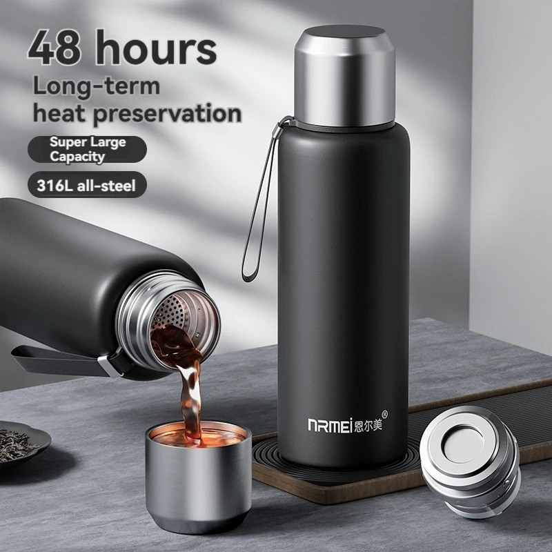 

1.5L Water Thermos Bottle Large Sports Vacuum Flask Stainless Steel Outdoor Portable Coffee Lifting Rope Filter Insulated Bottle